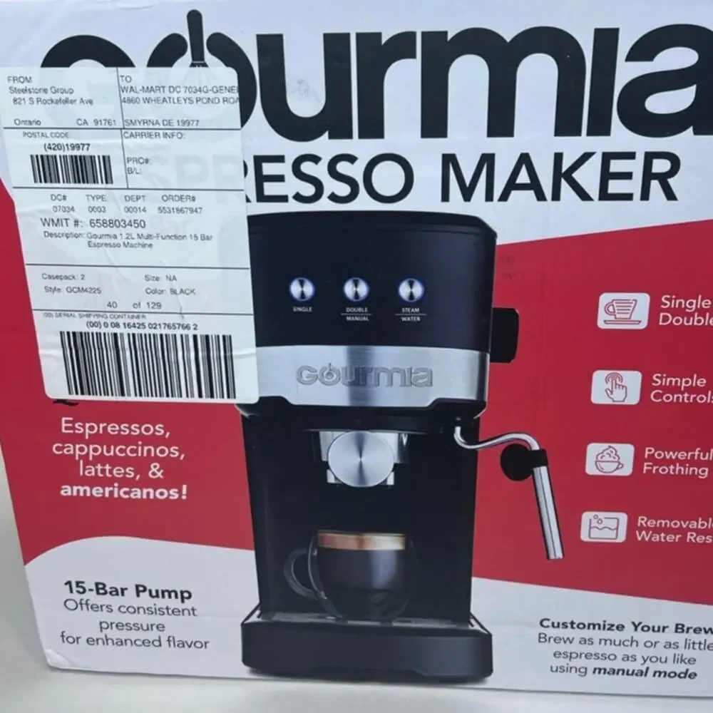 Gourmia Espresso Maker 15 Bar Pump Single Or Double Shots Model No. GCM4225 NEW